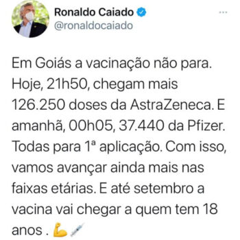 Mais 163.690 doses de vacina chegam a Goiás, anuncia governador pelas redes